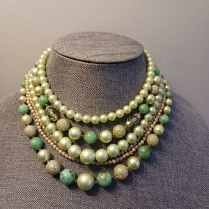 Mid-century Japan Multi Strand Necklace  Seafoam Green + Cream